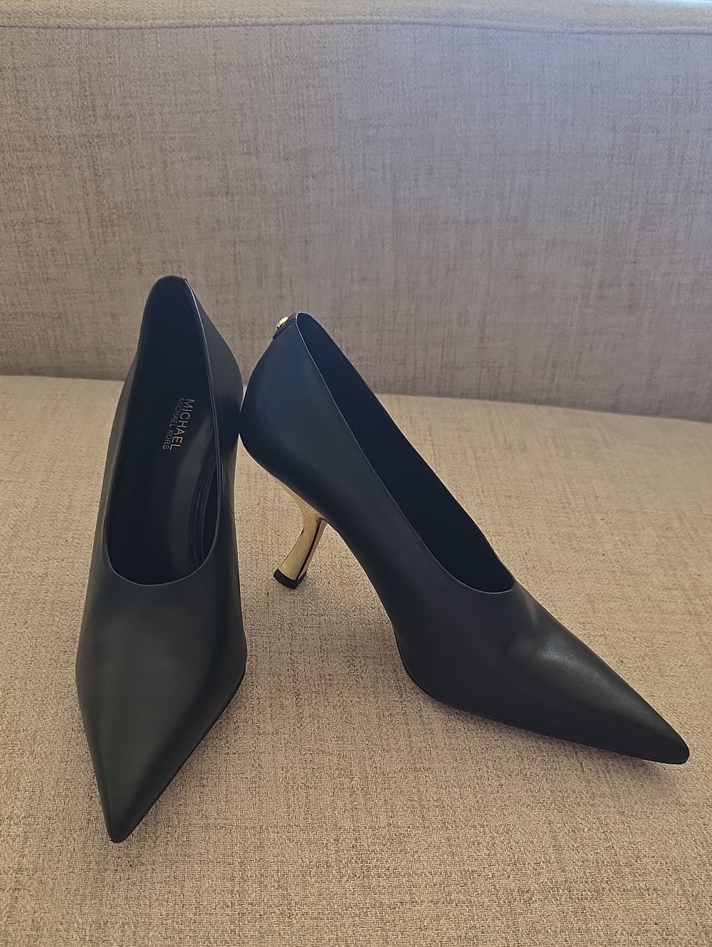 MICHAEL Michael Kors Black Leather Pointed Pumps with Gold Stiletto Heel